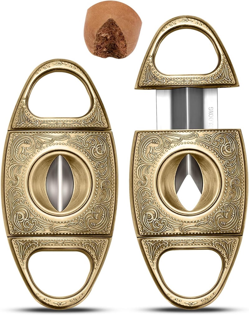 hancigar قاطع سيجار على شكل V من الفولاذ المقاوم للصدأ مزخرف بتصميم عتيق مقص سيجار حاد الحافة مع علبة هدايا (برونزي) هدايا للرجال - Image 1